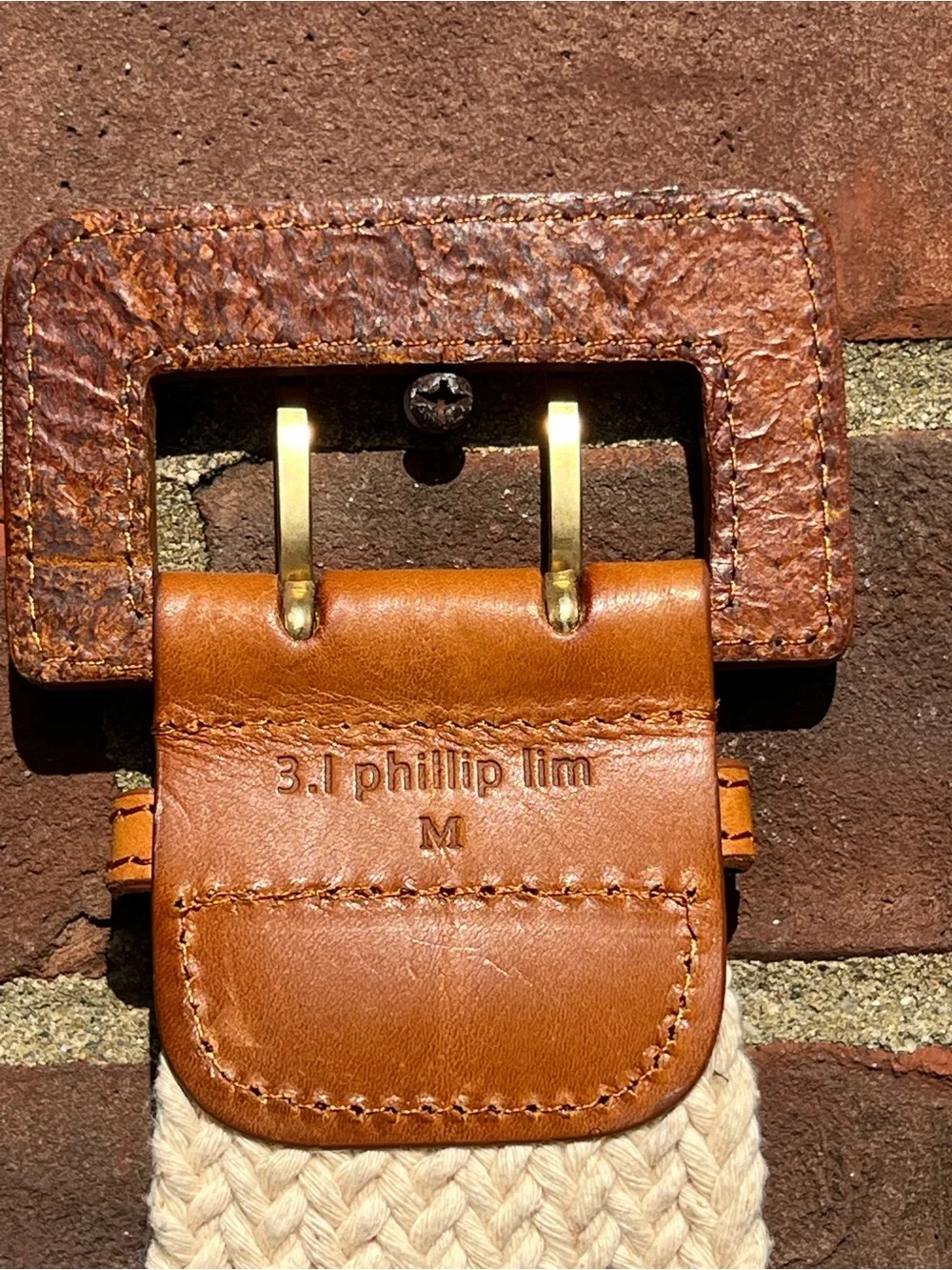 3.1 Phillip Lim Wide Woven Belt Cream with Brown Leather Buckle Quiet Luxury